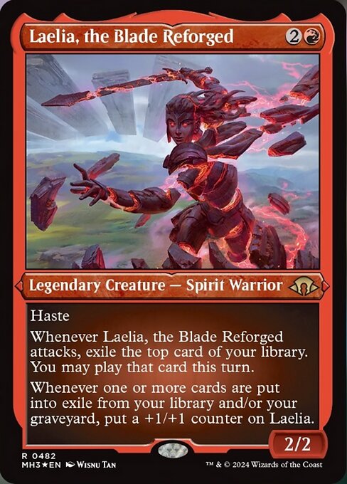 Haste
Whenever Laelia, the Blade Reforged attacks, exile the top card of your library. You may play that card this turn.
Whenever one or more cards are put into exile from your library and/or your graveyard, put a +1/+1 counter on Laelia.