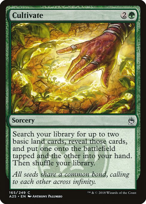 Search your library for up to two basic land cards, reveal those cards, put one onto the battlefield tapped and the other into your hand, then shuffle.