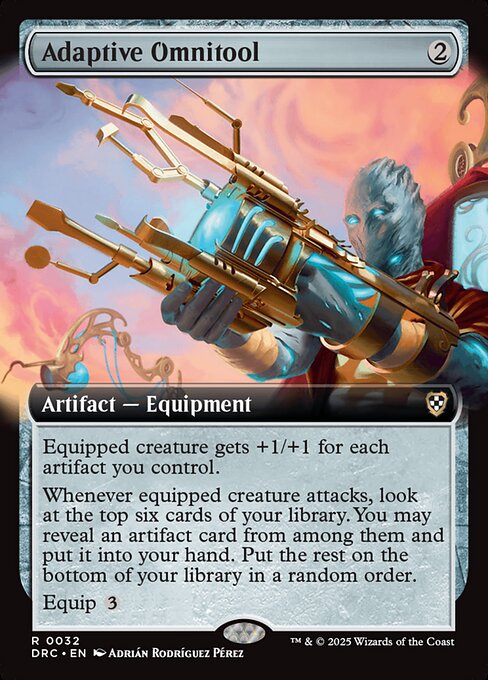 Equipped creature gets +1/+1 for each artifact you control.
Whenever equipped creature attacks, look at the top six cards of your library. You may reveal an artifact card from among them and put it into your hand. Put the rest on the bottom of your library in a random order.
Equip {3}
