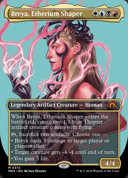 When Breya, Etherium Shaper enters the battlefield, create two 1/1 blue Thopter artifact creature tokens with flying.
{2}, Sacrifice two artifacts: Choose one —
• Breya deals 3 damage to target player or planeswalker.
• Target creature gets -4/-4 until end of turn.
• You gain 5 life.