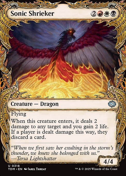 Flying
When this creature enters, it deals 2 damage to any target and you gain 2 life. If a player is dealt damage this way, they discard a card.
