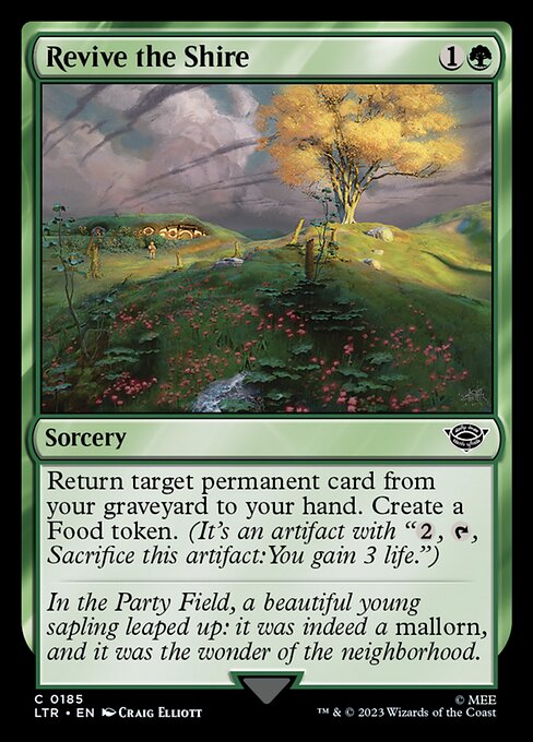 Return target permanent card from your graveyard to your hand. Create a Food token. (It's an artifact with "{2}, {T}, Sacrifice this artifact: You gain 3 life.")