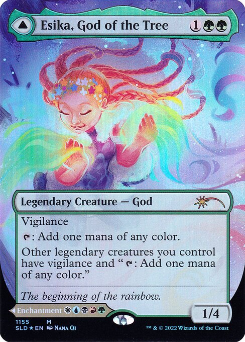 Vigilance
{T}: Add one mana of any color.
Other legendary creatures you control have vigilance and "{T}: Add one mana of any color."   At the beginning of your upkeep, reveal cards from the top of your library until you reveal a creature or planeswalker card. Put that card onto the battlefield and the rest on the bottom of your library in a random order.