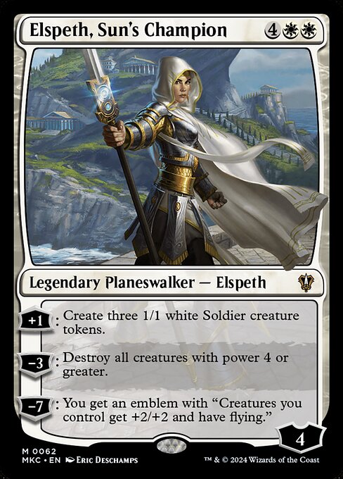 '+1: Create three 1/1 white Soldier creature tokens.
−3: Destroy all creatures with power 4 or greater.
−7: You get an emblem with "Creatures you control get +2/+2 and have flying."