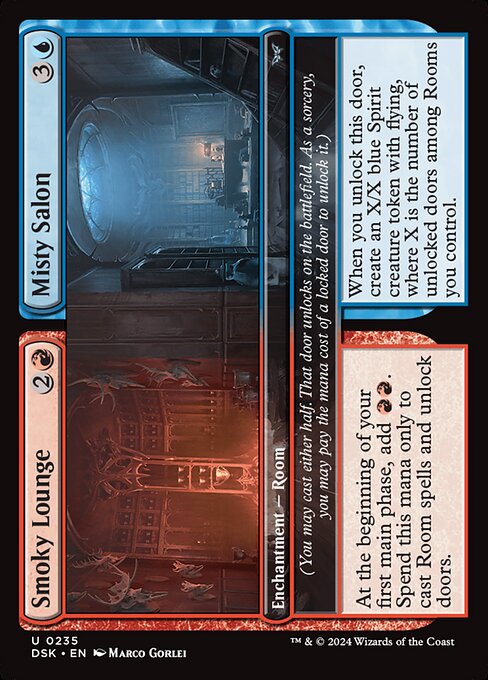 At the beginning of your first main phase, add {R}{R}. Spend this mana only to cast Room spells and unlock doors.
(You may cast either half. That door unlocks on the battlefield. As a sorcery, you may pay the mana cost of a locked door to unlock it.)   When you unlock this door, create an X/X blue Spirit creature token with flying, where X is the number of unlocked doors among Rooms you control.
(You may cast either half. That door unlocks on the battlefield. As a sorcery, you may pay the mana c