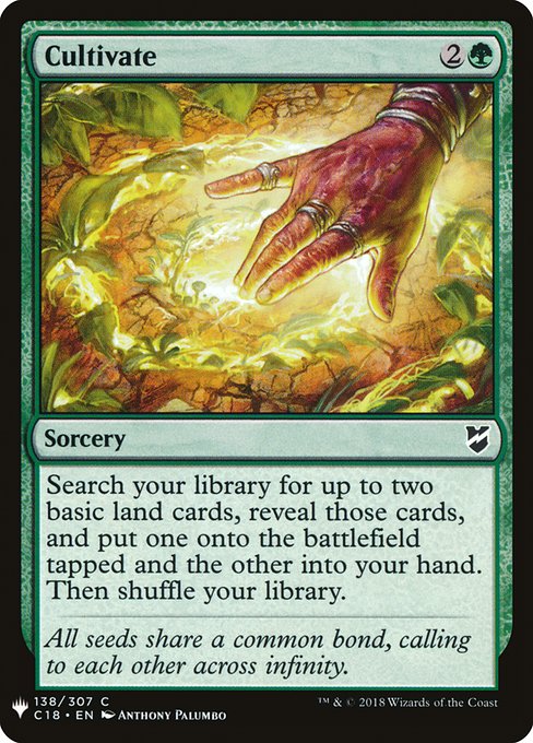 Search your library for up to two basic land cards, reveal those cards, put one onto the battlefield tapped and the other into your hand, then shuffle.