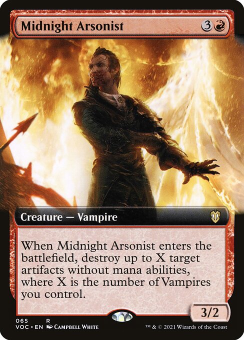 When Midnight Arsonist enters the battlefield, destroy up to X target artifacts without mana abilities, where X is the number of Vampires you control.