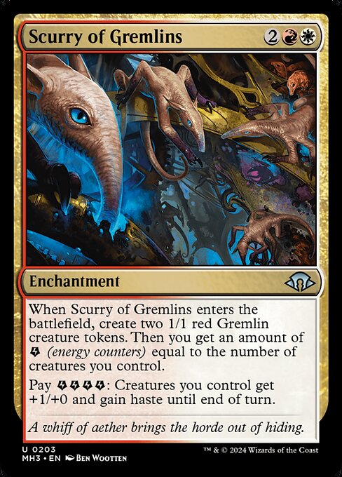 When Scurry of Gremlins enters the battlefield, create two 1/1 red Gremlin creature tokens. Then you get an amount of {E} (energy counters) equal to the number of creatures you control.
Pay {E}{E}{E}{E}: Creatures you control get +1/+0 and gain haste until end of turn.