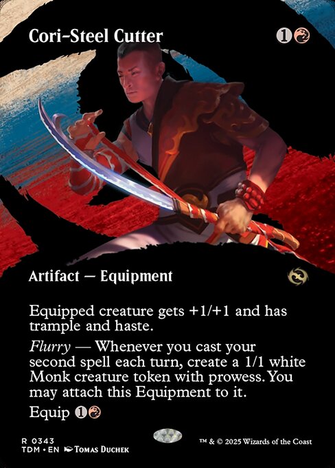 Equipped creature gets +1/+1 and has trample and haste.
Flurry — Whenever you cast your second spell each turn, create a 1/1 white Monk creature token with prowess. You may attach this Equipment to it. (Whenever you cast a noncreature spell, the token gets +1/+1 until end of turn.)
Equip {1}{R}