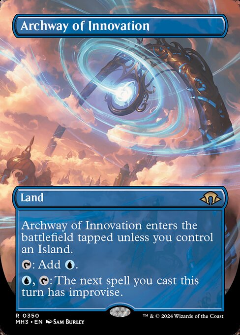 Archway of Innovation enters the battlefield tapped unless you control an Island.
{T}: Add {U}.
{U}, {T}: The next spell you cast this turn has improvise. (Your artifacts can help cast that spell. Each artifact you tap after you're done activating mana abilities pays for {1}.)