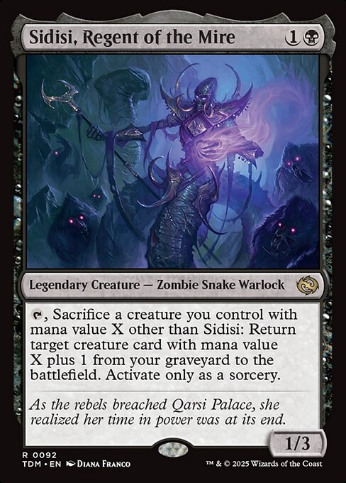 {T}, Sacrifice a creature you control with mana value X other than Sidisi: Return target creature card with mana value X plus 1 from your graveyard to the battlefield. Activate only as a sorcery.
