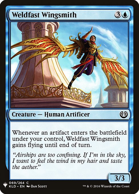 Whenever an artifact you control enters, Weldfast Wingsmith gains flying until end of turn.