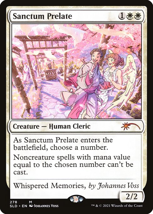 As Sanctum Prelate enters the battlefield, choose a number.
Noncreature spells with mana value equal to the chosen number can't be cast.