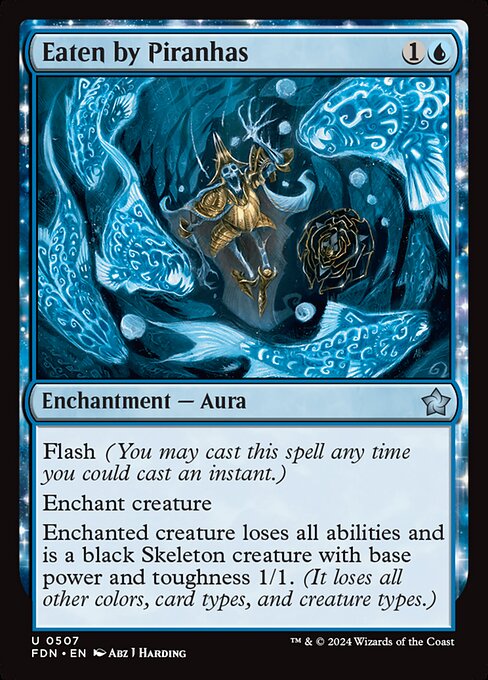Flash (You may cast this spell any time you could cast an instant.)
Enchant creature
Enchanted creature loses all abilities and is a black Skeleton creature with base power and toughness 1/1. (It loses all other colors, card types, and creature types.)