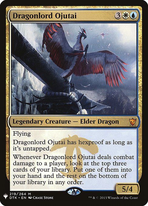 Flying
Dragonlord Ojutai has hexproof as long as it's untapped.
Whenever Dragonlord Ojutai deals combat damage to a player, look at the top three cards of your library. Put one of them into your hand and the rest on the bottom of your library in any order.