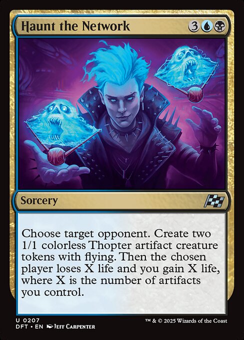 Choose target opponent. Create two 1/1 colorless Thopter artifact creature tokens with flying. Then the chosen player loses X life and you gain X life, where X is the number of artifacts you control.