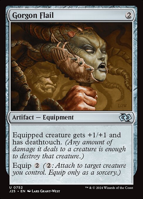 Equipped creature gets +1/+1 and has deathtouch. (Any amount of damage it deals to a creature is enough to destroy that creature.)
Equip {2} ({2}: Attach to target creature you control. Equip only as a sorcery.)