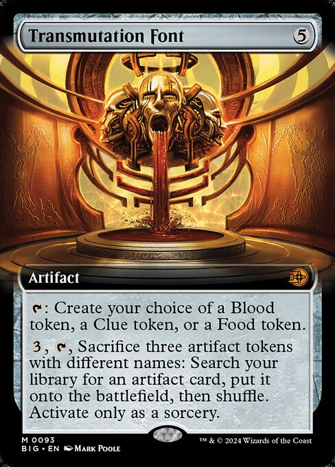 {T}: Create your choice of a Blood token, a Clue token, or a Food token.
{3}, {T}, Sacrifice three artifact tokens with different names: Search your library for an artifact card, put it onto the battlefield, then shuffle. Activate only as a sorcery.