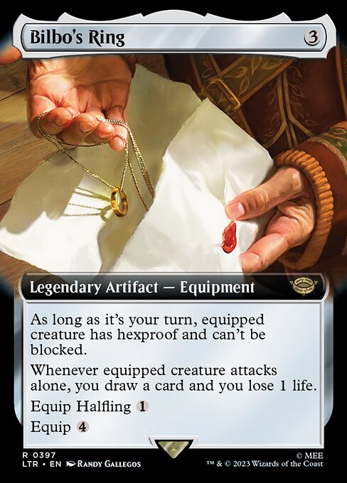 As long as it's your turn, equipped creature has hexproof and can't be blocked.
Whenever equipped creature attacks alone, you draw a card and you lose 1 life.
Equip Halfling {1} ({1}: Attach to target Halfling you control. Equip only as a sorcery.)
Equip {4} ({4}: Attach to target creature you control. Equip only as a sorcery.)