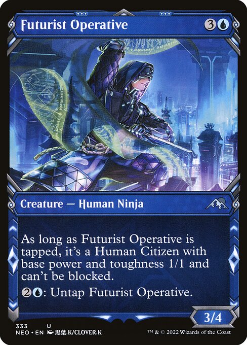 As long as Futurist Operative is tapped, it's a Human Citizen with base power and toughness 1/1 and can't be blocked.
{2}{U}: Untap Futurist Operative.