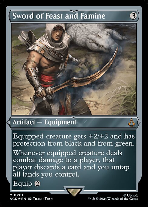 Equipped creature gets +2/+2 and has protection from black and from green.
Whenever equipped creature deals combat damage to a player, that player discards a card and you untap all lands you control.
Equip {2}