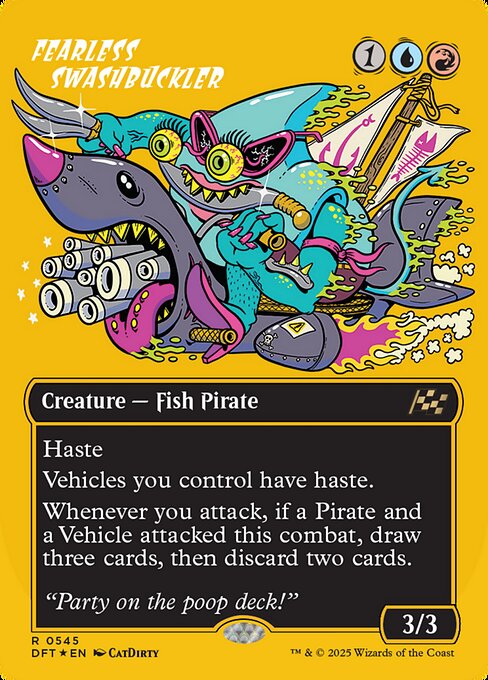 Haste
Vehicles you control have haste.
Whenever you attack, if a Pirate and a Vehicle attacked this combat, draw three cards, then discard two cards.