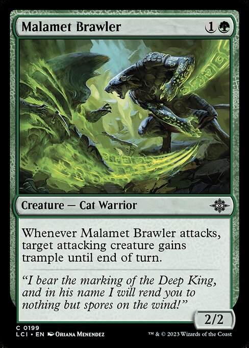 Whenever Malamet Brawler attacks, target attacking creature gains trample until end of turn.