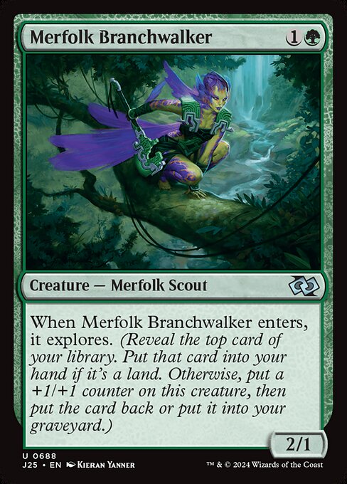 When Merfolk Branchwalker enters, it explores. (Reveal the top card of your library. Put that card into your hand if it's a land. Otherwise, put a +1/+1 counter on this creature, then put the card back or put it into your graveyard.)