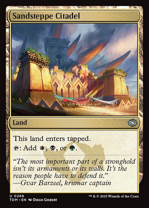 This land enters tapped.
{T}: Add {W}, {B}, or {G}.