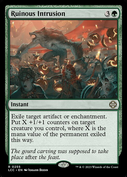 Exile target artifact or enchantment. Put X +1/+1 counters on target creature you control, where X is the mana value of the permanent exiled this way.