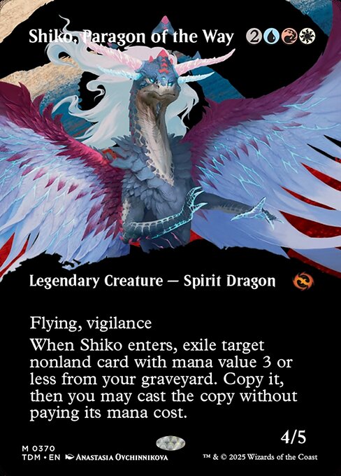 Flying, vigilance
When Shiko enters, exile target nonland card with mana value 3 or less from your graveyard. Copy it, then you may cast the copy without paying its mana cost. (A copy of a permanent spell becomes a token.)