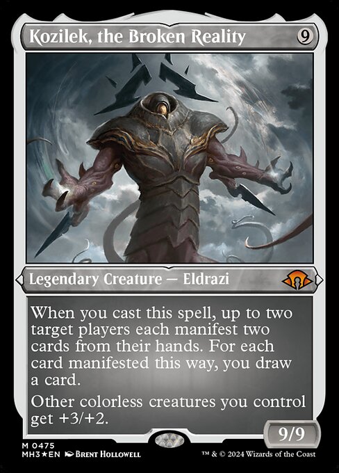 When you cast this spell, up to two target players each manifest two cards from their hands. For each card manifested this way, you draw a card. (To manifest a card, put it onto the battlefield face down as a 2/2 creature. Turn it face up any time for its mana cost if it's a creature card.)
Other colorless creatures you control get +3/+2.