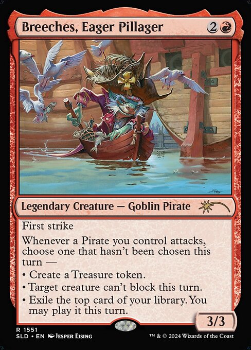 First strike
Whenever a Pirate you control attacks, choose one that hasn't been chosen this turn —
• Create a Treasure token.
• Target creature can't block this turn.
• Exile the top card of your library. You may play it this turn.