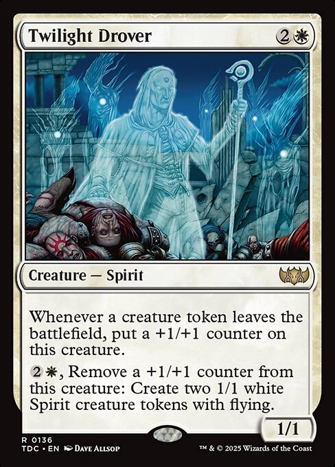 Whenever a creature token leaves the battlefield, put a +1/+1 counter on this creature.
{2}{W}, Remove a +1/+1 counter from this creature: Create two 1/1 white Spirit creature tokens with flying.