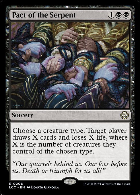 Choose a creature type. Target player draws X cards and loses X life, where X is the number of creatures they control of the chosen type.