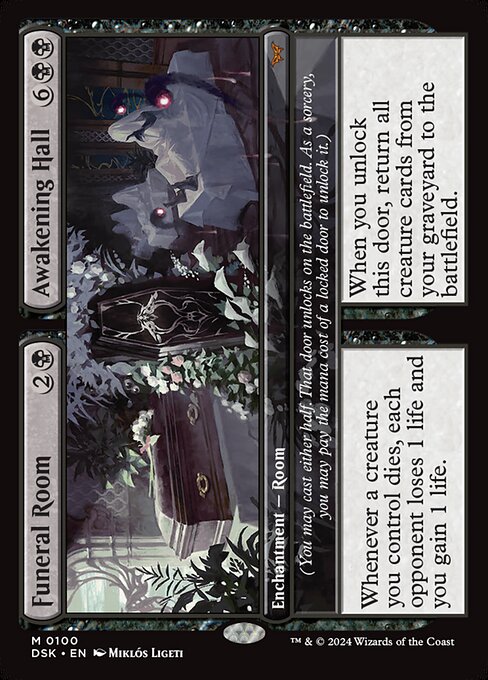 Whenever a creature you control dies, each opponent loses 1 life and you gain 1 life.
(You may cast either half. That door unlocks on the battlefield. As a sorcery, you may pay the mana cost of a locked door to unlock it.)   When you unlock this door, return all creature cards from your graveyard to the battlefield.
(You may cast either half. That door unlocks on the battlefield. As a sorcery, you may pay the mana cost of a locked door to unlock it.)