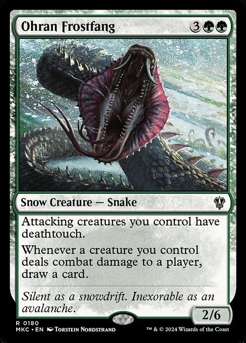 Attacking creatures you control have deathtouch.
Whenever a creature you control deals combat damage to a player, draw a card.