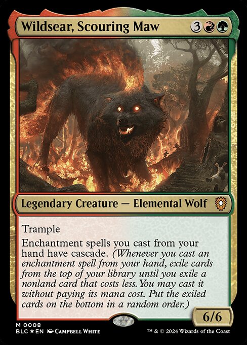Trample
Enchantment spells you cast from your hand have cascade. (Whenever you cast an enchantment spell from your hand, exile cards from the top of your library until you exile a nonland card that costs less. You may cast it without paying its mana cost. Put the exiled cards on the bottom in a random order.)