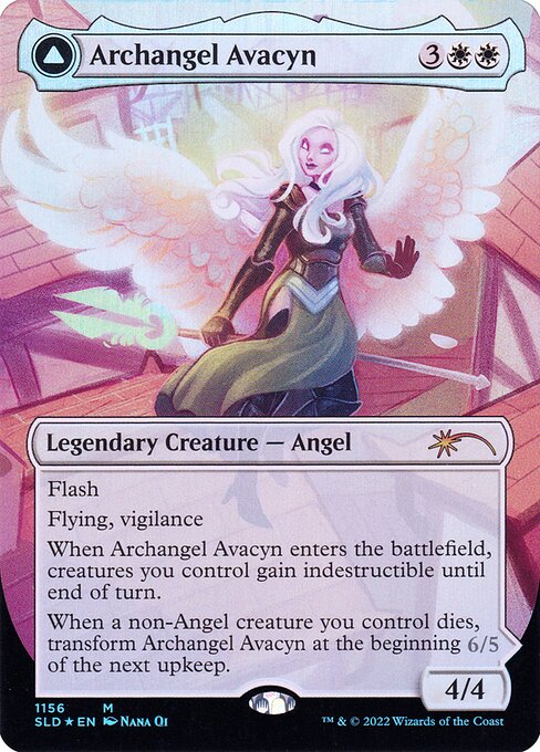 Flash
Flying, vigilance
When Archangel Avacyn enters the battlefield, creatures you control gain indestructible until end of turn.
When a non-Angel creature you control dies, transform Archangel Avacyn at the beginning of the next upkeep.   Flying
When this creature transforms into Avacyn, the Purifier, it deals 3 damage to each other creature and each opponent.