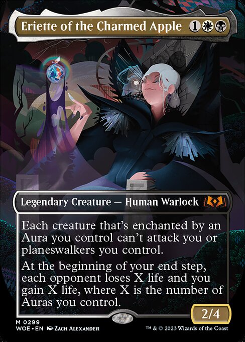 Each creature that's enchanted by an Aura you control can't attack you or planeswalkers you control.
At the beginning of your end step, each opponent loses X life and you gain X life, where X is the number of Auras you control.