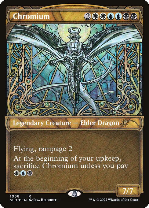 Flying
Rampage 2 (Whenever this creature becomes blocked, it gets +2/+2 until end of turn for each creature blocking it beyond the first.)
At the beginning of your upkeep, sacrifice Chromium unless you pay {W}{U}{B}.