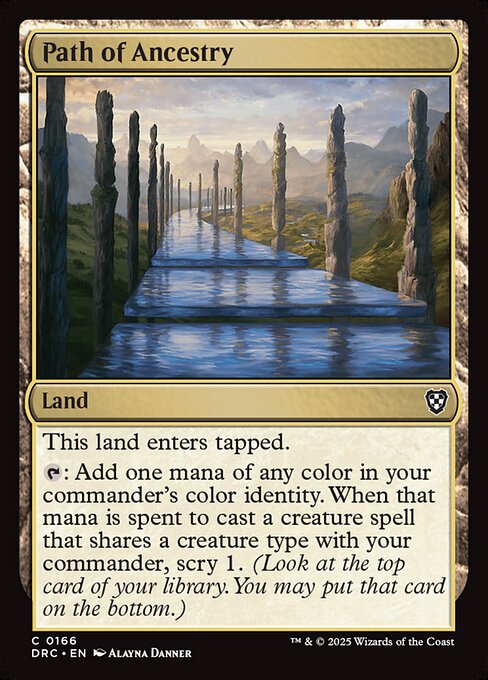 This land enters tapped.
{T}: Add one mana of any color in your commander's color identity. When that mana is spent to cast a creature spell that shares a creature type with your commander, scry 1. (Look at the top card of your library. You may put that card on the bottom.)