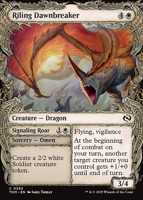 Flying, vigilance
At the beginning of combat on your turn, another target creature you control gets +1/+0 until end of turn.   Create a 2/2 white Soldier creature token. (Then shuffle this card into its owner's library.)