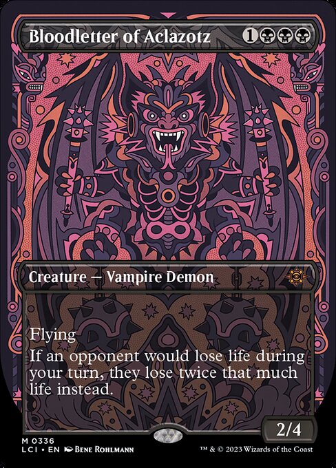 Flying
If an opponent would lose life during your turn, they lose twice that much life instead. (Damage causes loss of life.)