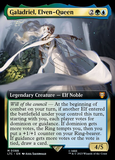 Will of the council — At the beginning of combat on your turn, if another Elf entered the battlefield under your control this turn, starting with you, each player votes for dominion or guidance. If dominion gets more votes, the Ring tempts you, then you put a +1/+1 counter on your Ring-bearer. If guidance gets more votes or the vote is tied, draw a card.