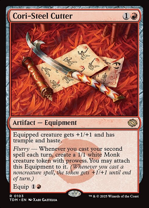 Equipped creature gets +1/+1 and has trample and haste.
Flurry — Whenever you cast your second spell each turn, create a 1/1 white Monk creature token with prowess. You may attach this Equipment to it. (Whenever you cast a noncreature spell, the token gets +1/+1 until end of turn.)
Equip {1}{R}