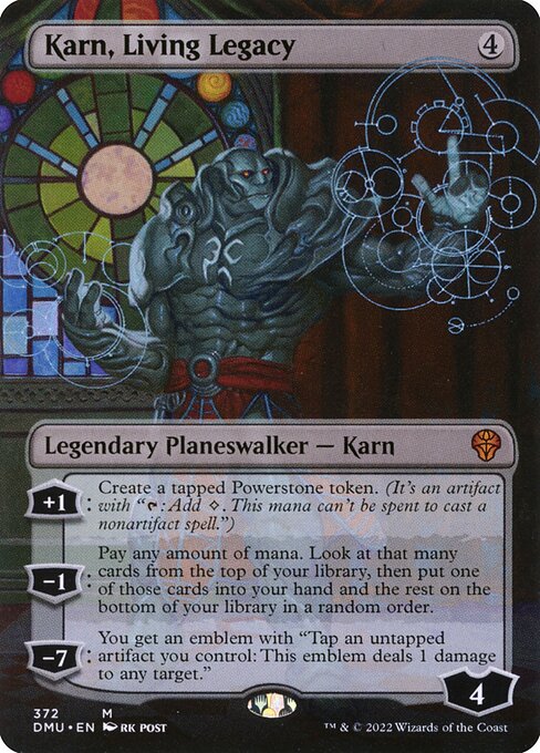 +1: Create a tapped Powerstone token. (It's an artifact with "{T}: Add {C}. This mana can't be spent to cast a nonartifact spell.")
−1: Pay any amount of mana. Look at that many cards from the top of your library, then put one of those cards into your hand and the rest on the bottom of your library in a random order.
−7: You get an emblem with "Tap an untapped artifact you control: This emblem deals 1 damage to any target."