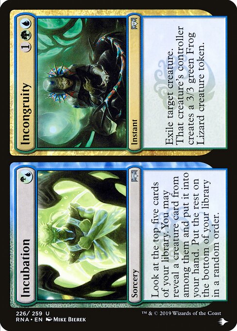 Look at the top five cards of your library. You may reveal a creature card from among them and put it into your hand. Put the rest on the bottom of your library in a random order.   Exile target creature. That creature's controller creates a 3/3 green Frog Lizard creature token.
