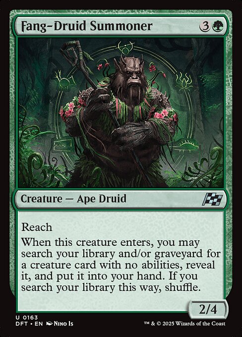 Reach
When this creature enters, you may search your library and/or graveyard for a creature card with no abilities, reveal it, and put it into your hand. If you search your library this way, shuffle.