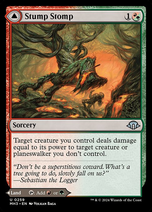 Target creature you control deals damage equal to its power to target creature or planeswalker you don't control.   Burnwillow Clearing enters the battlefield tapped.
{T}: Add {R} or {G}.